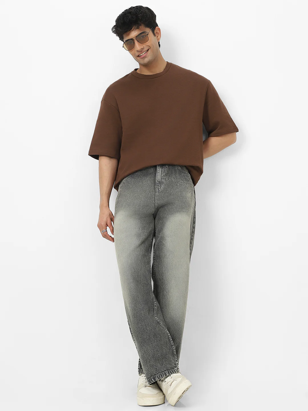 Men's Chocolate Brown Textured Round Neck Oversized Half Sleeve Cotton T-Shirt - Image 6