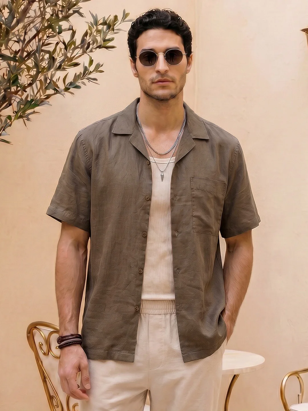 Men's Coffee Linen Half Sleeve Oversized Fit Shirt with Cuban Collar