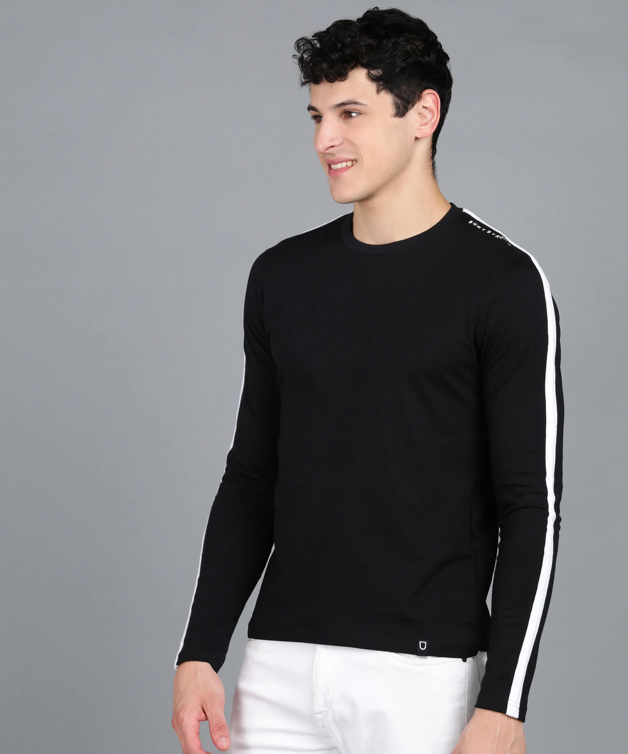 Men's Color-Block Black Round Neck Full Sleeve Slim Fit Cotton T-Shirt - Image 2