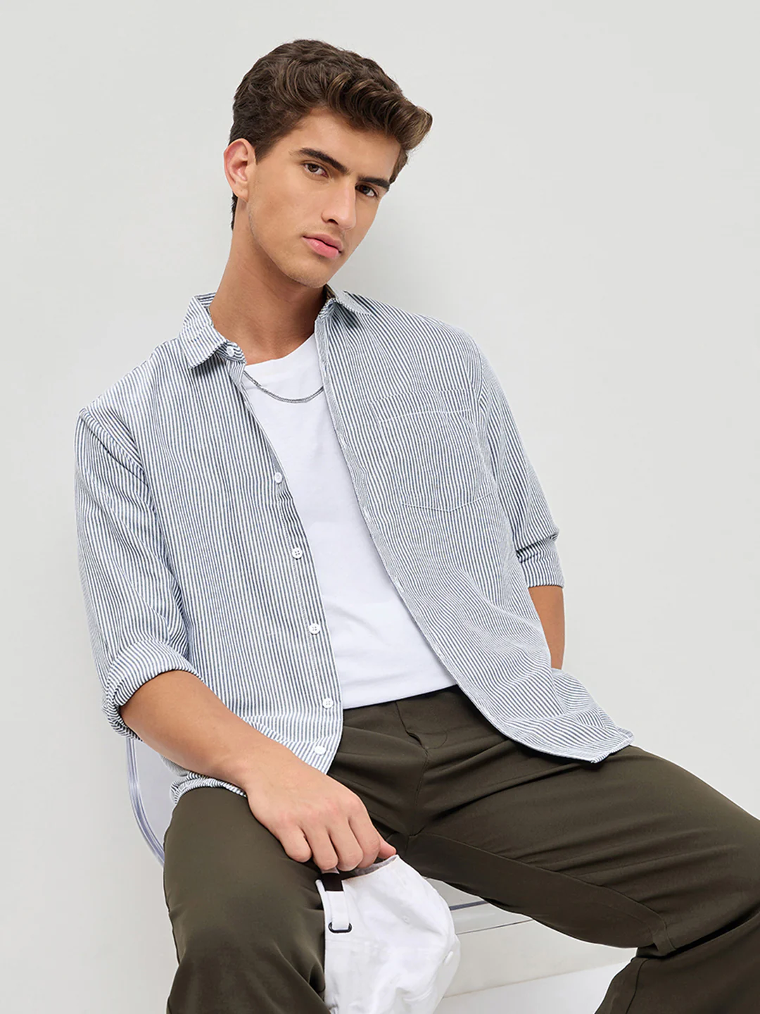 Men's Dark Blue Cotton Full Sleeve Regular Fit Casual Striped Shirt - Image 2