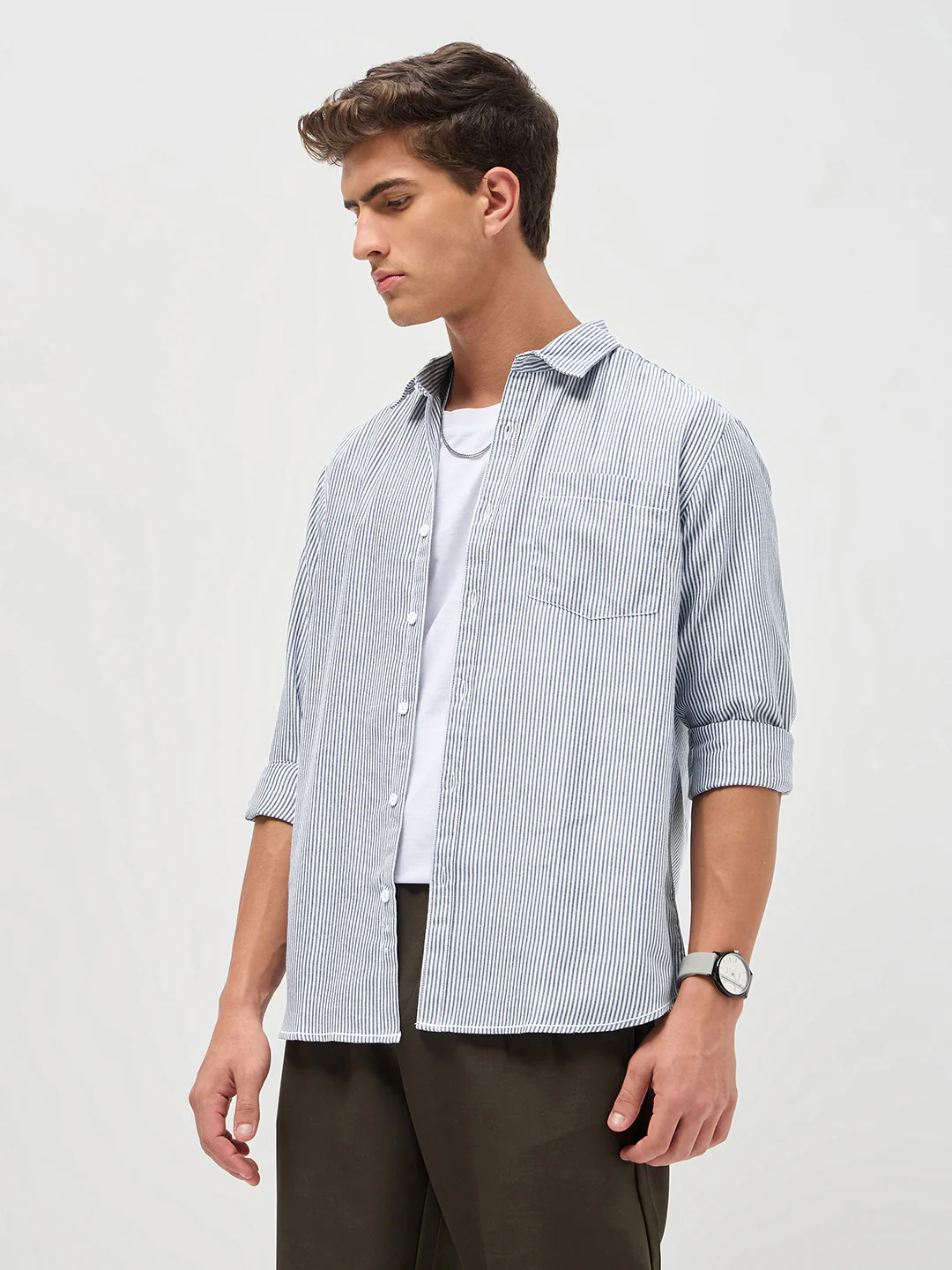 Men's Dark Blue Cotton Full Sleeve Regular Fit Casual Striped Shirt - Image 3