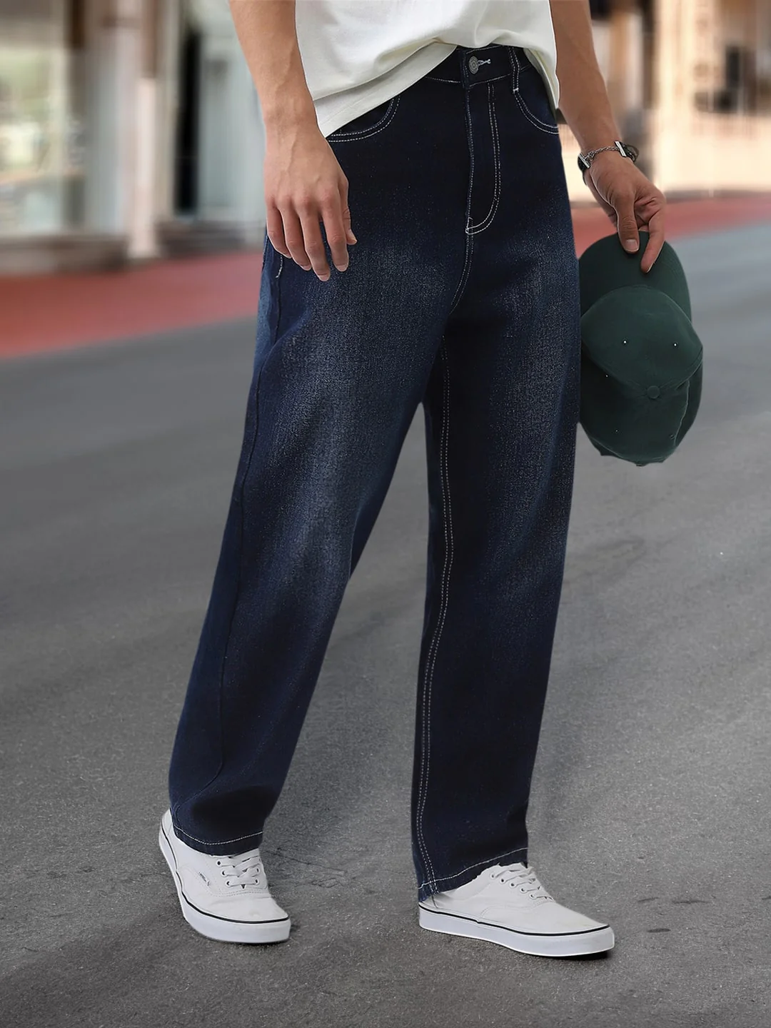 Men's Dark Blue Loose Baggy Fit Washed Jeans Non-Stretchable