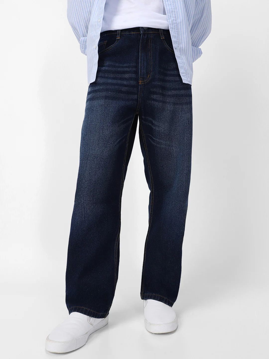 Men's Dark Blue Loose Baggy Fit Washed Jeans Non-Stretchable - Image 2