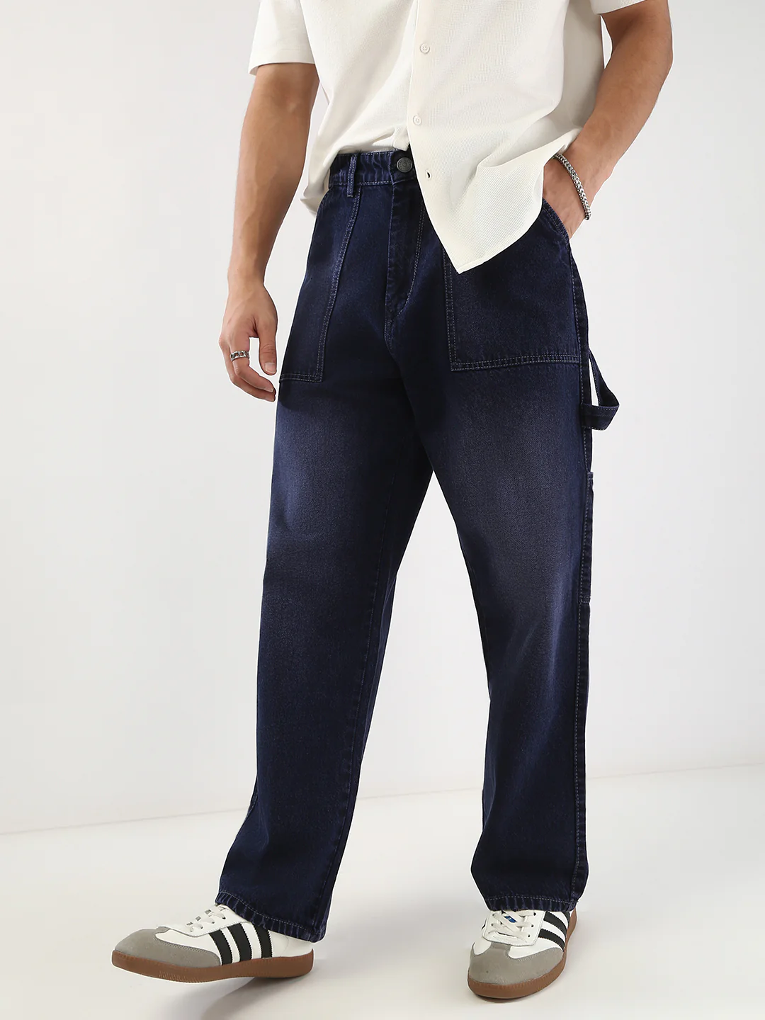 Men's Dark Blue Loose Fit Cargo Carpenter Jeans With 6 Pockets Non-Stretchable