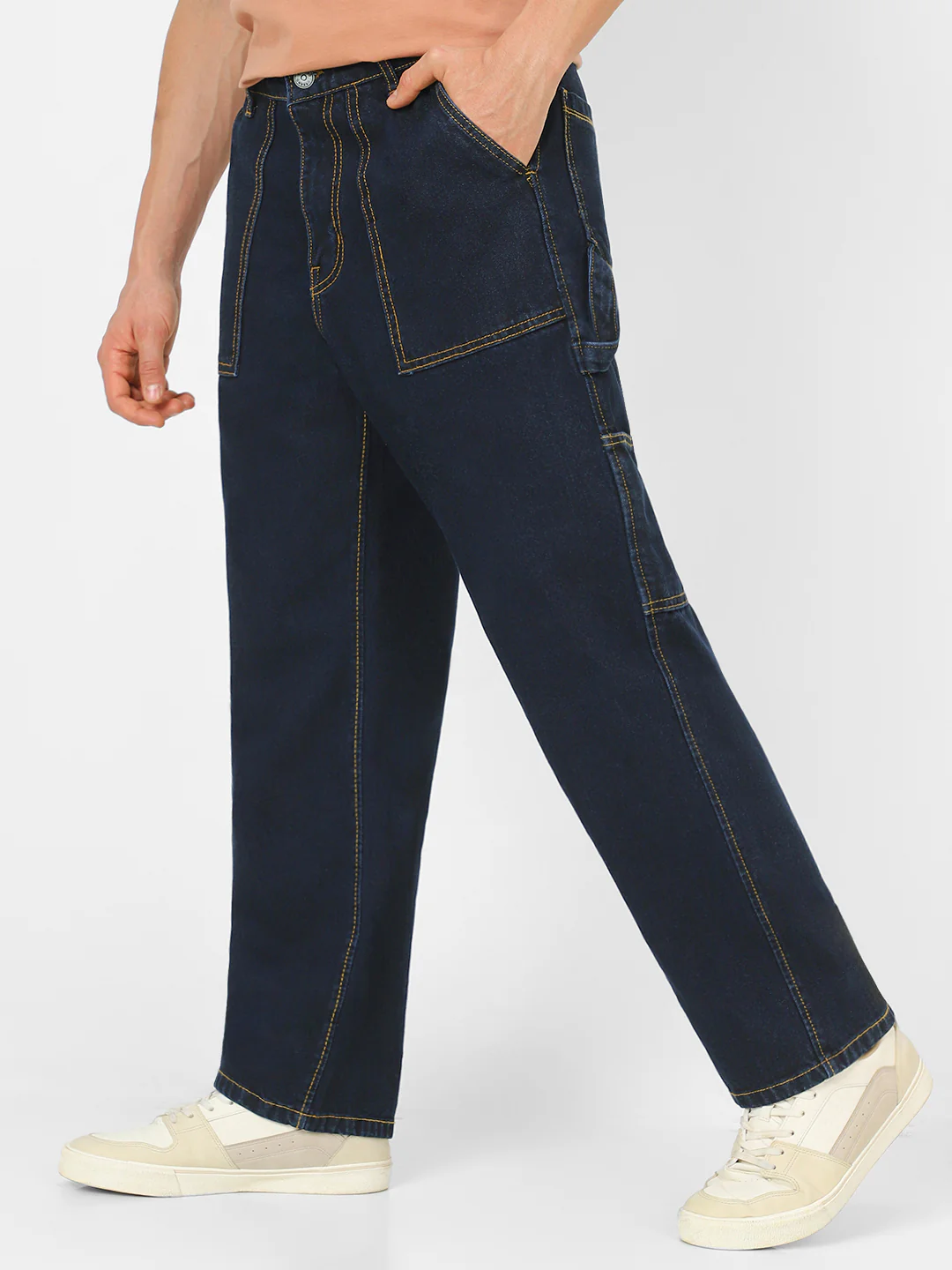 Men's Dark Blue Loose Fit Cargo Carpenter Jeans With 6 Pockets Non-Stretchable - Image 3