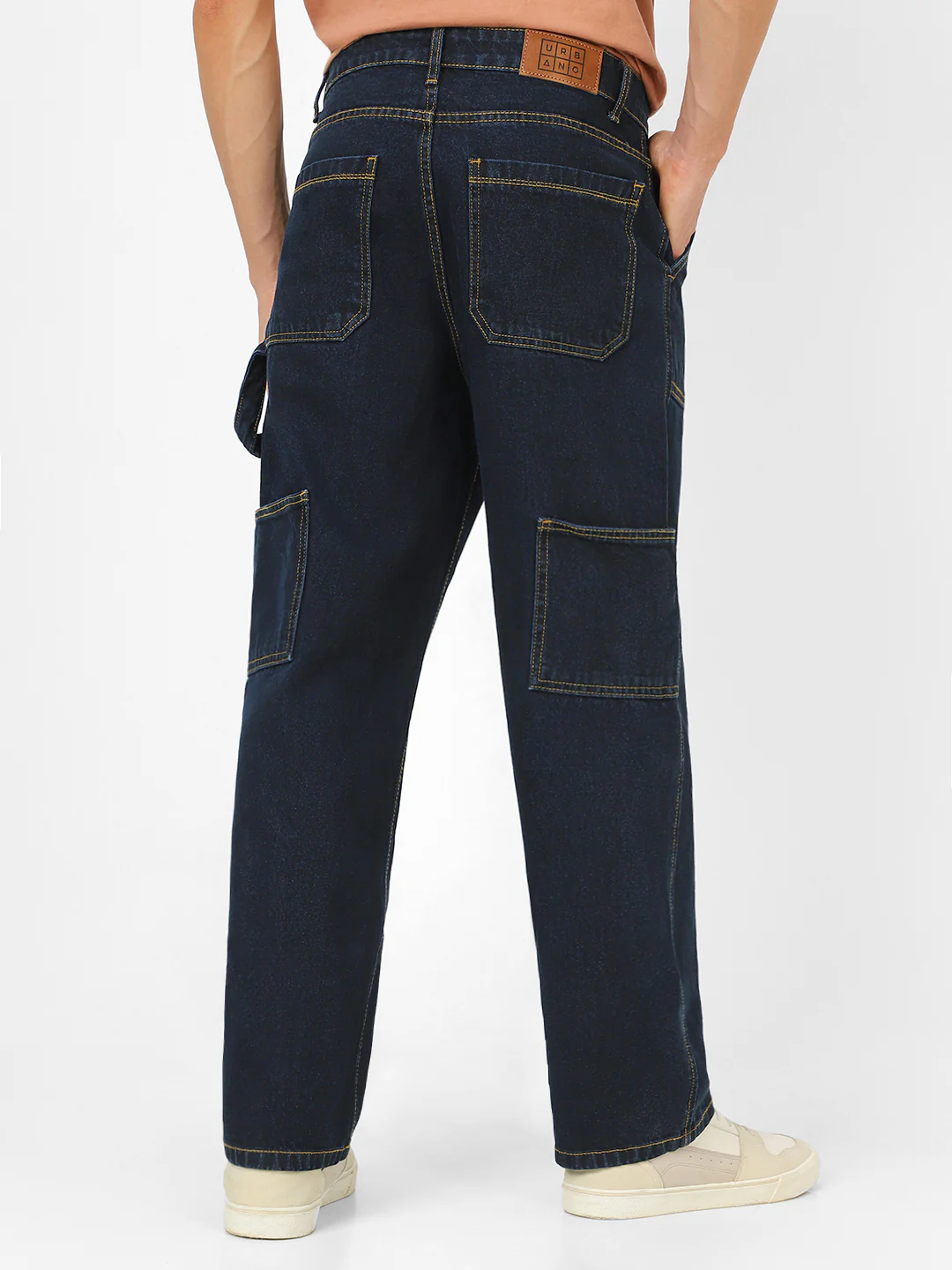 Men's Dark Blue Loose Fit Cargo Carpenter Jeans With 6 Pockets Non-Stretchable - Image 4