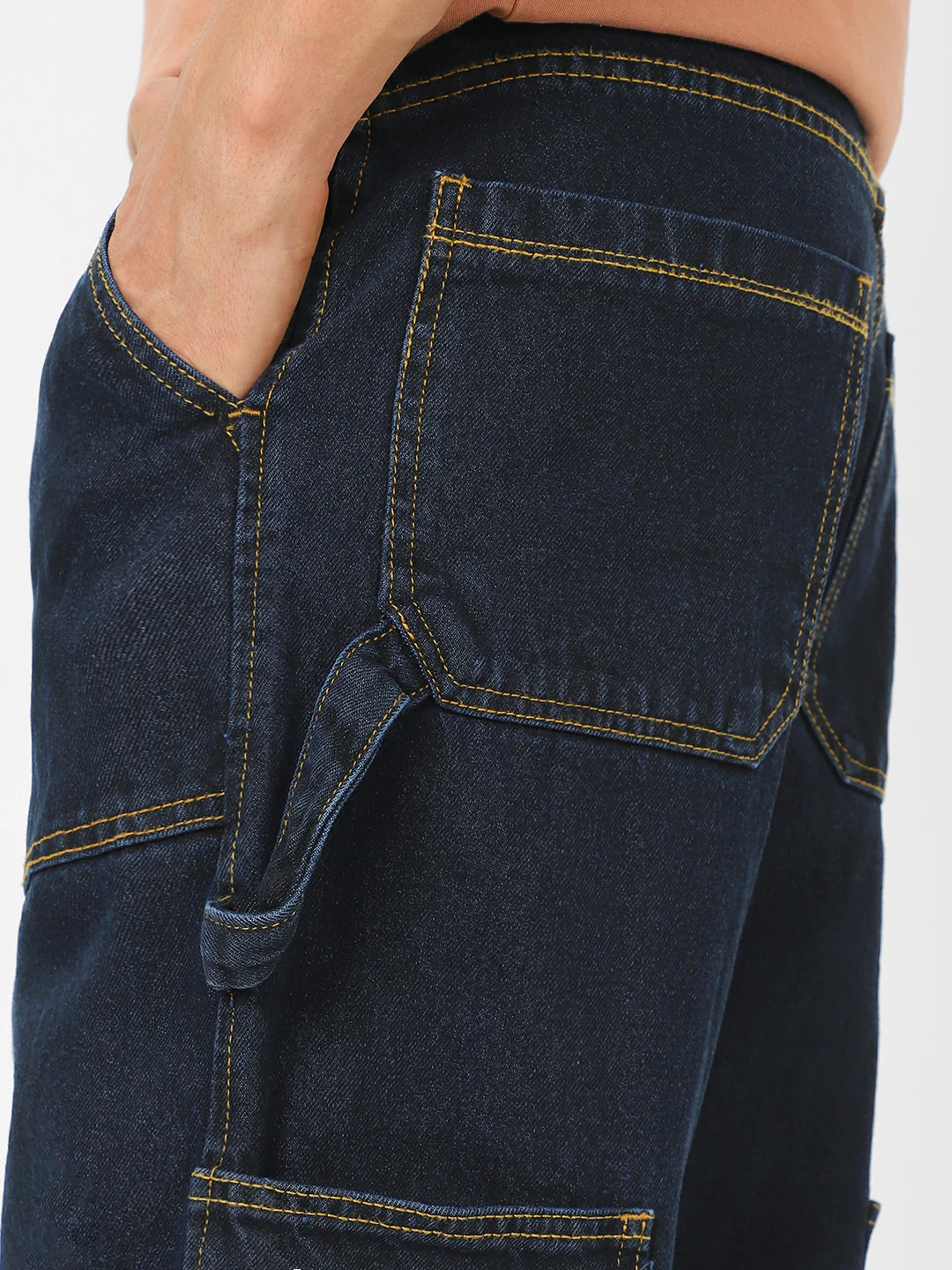 Men's Dark Blue Loose Fit Cargo Carpenter Jeans With 6 Pockets Non-Stretchable - Image 6