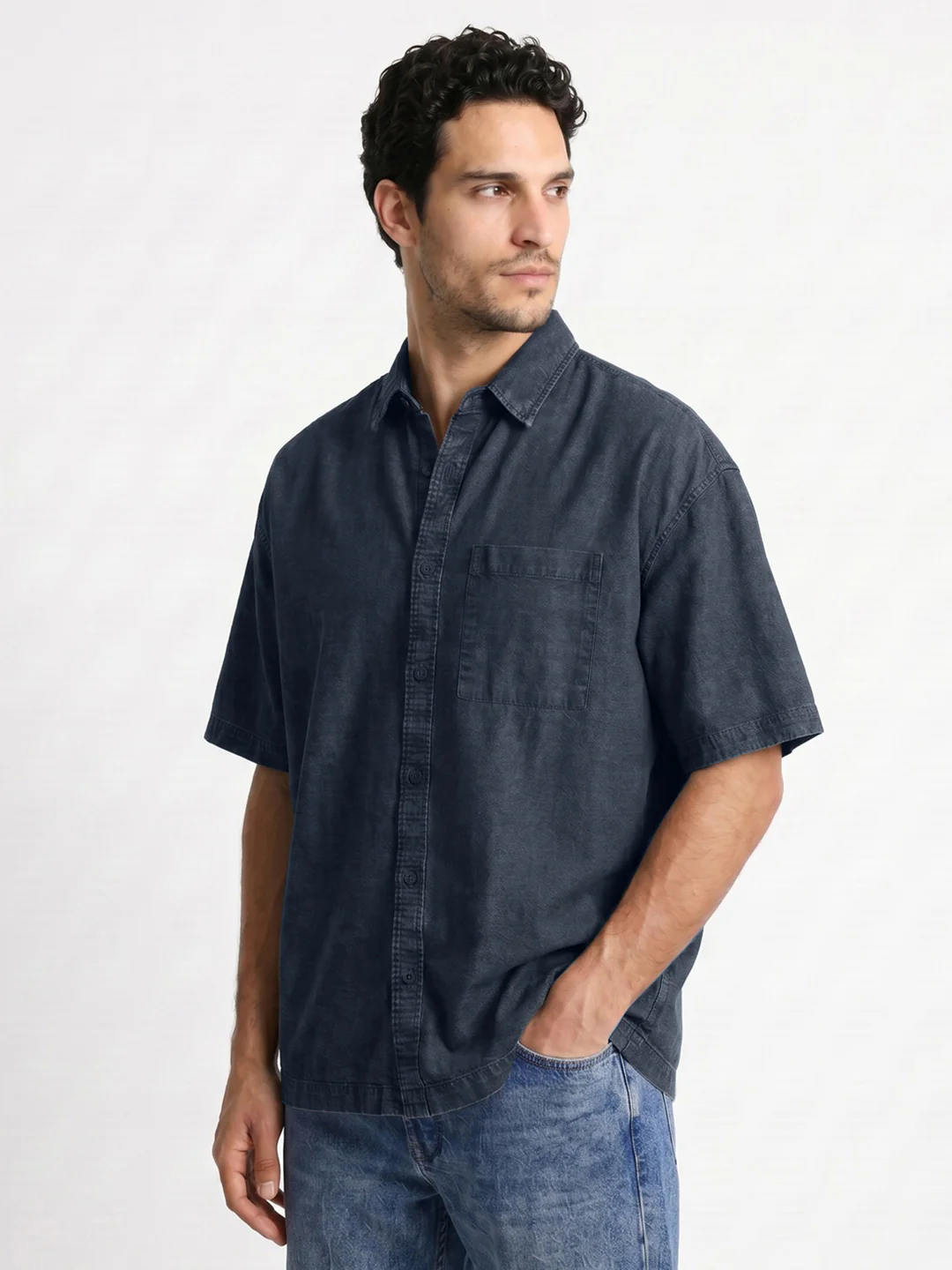 Men's Dark Blue Oversized Fit Half Sleeve Solid Casual Denim Shirt - Image 2