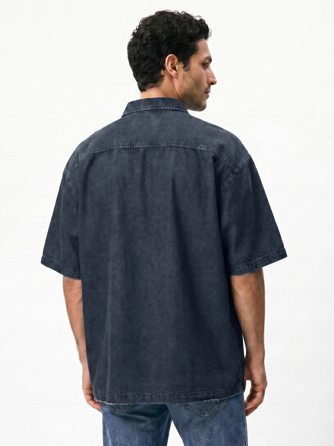 Men's Dark Blue Oversized Fit Half Sleeve Solid Casual Denim Shirt - Image 3