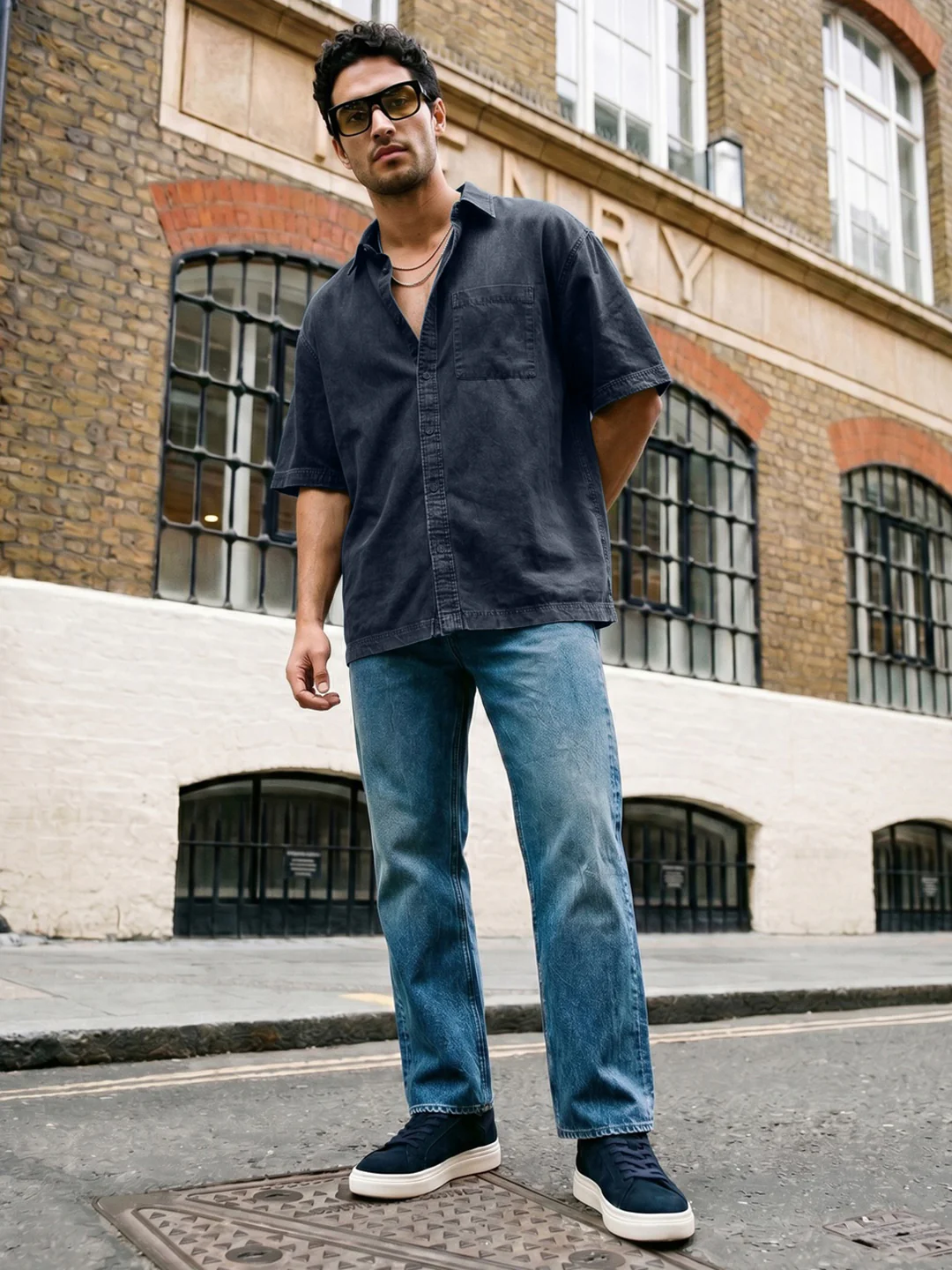 Men's Dark Blue Oversized Fit Half Sleeve Solid Casual Denim Shirt - Image 4