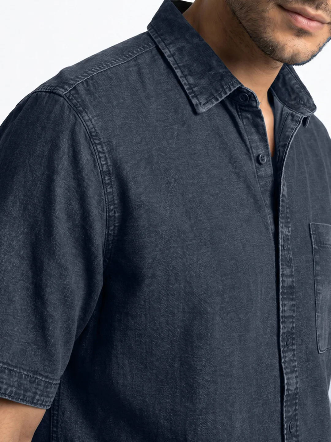 Men's Dark Blue Oversized Fit Half Sleeve Solid Casual Denim Shirt - Image 5