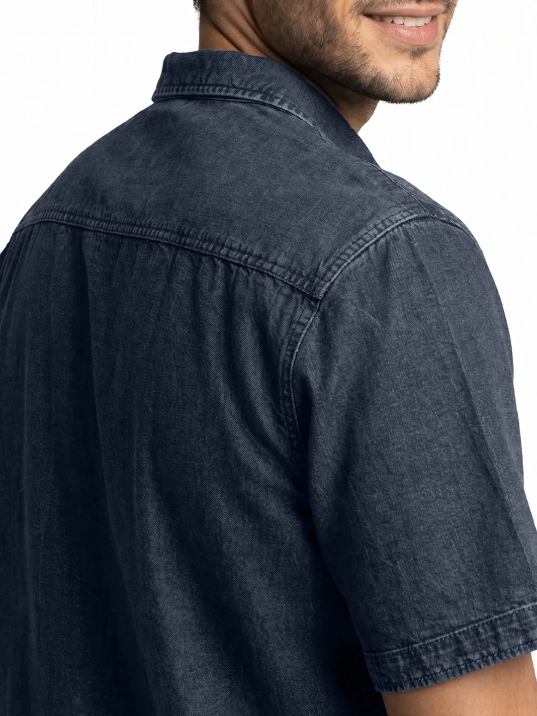 Men's Dark Blue Oversized Fit Half Sleeve Solid Casual Denim Shirt - Image 6
