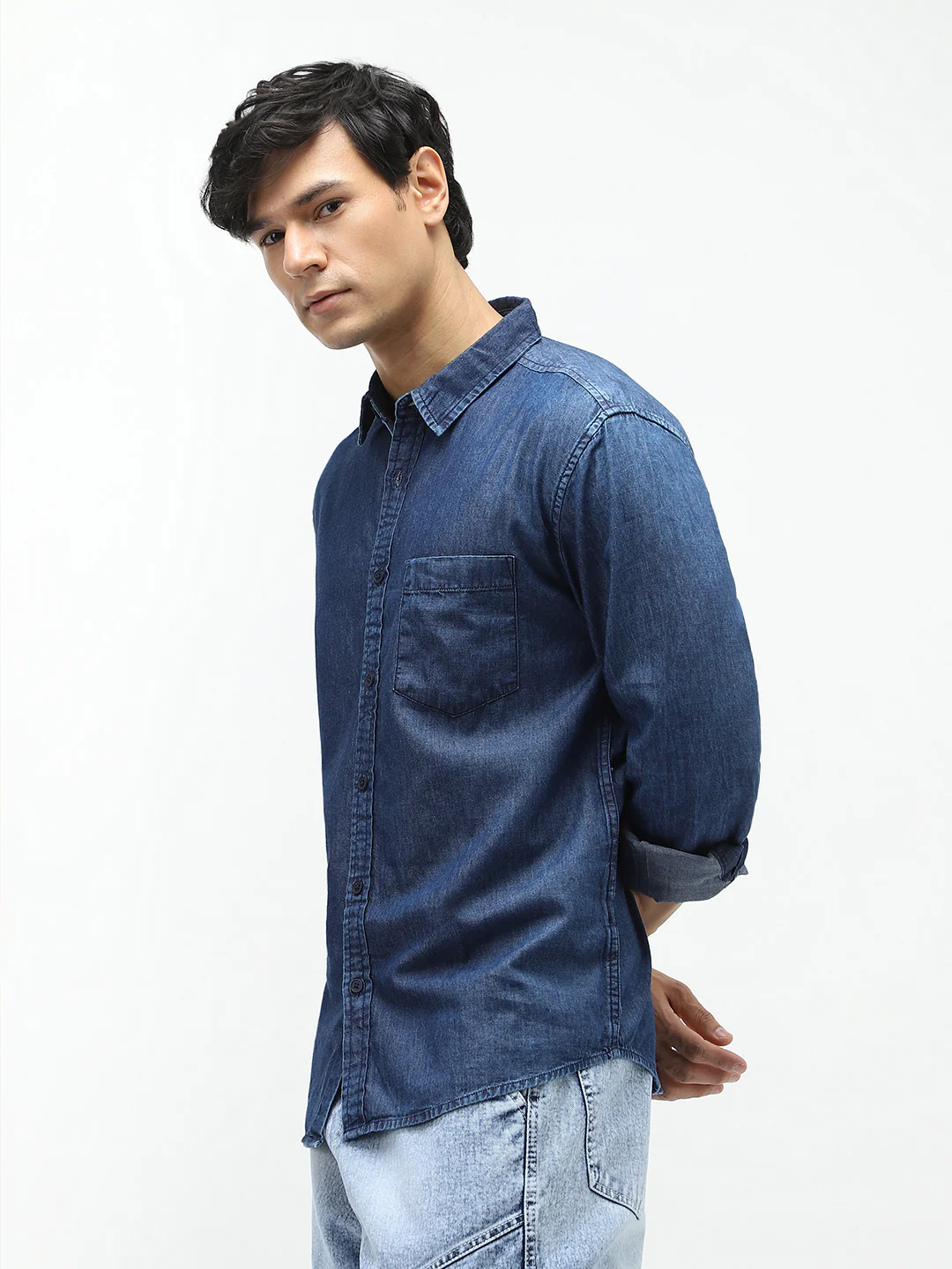 Men's Dark Blue Regular Fit Full Sleeve Washed Denim Shirt - Image 2