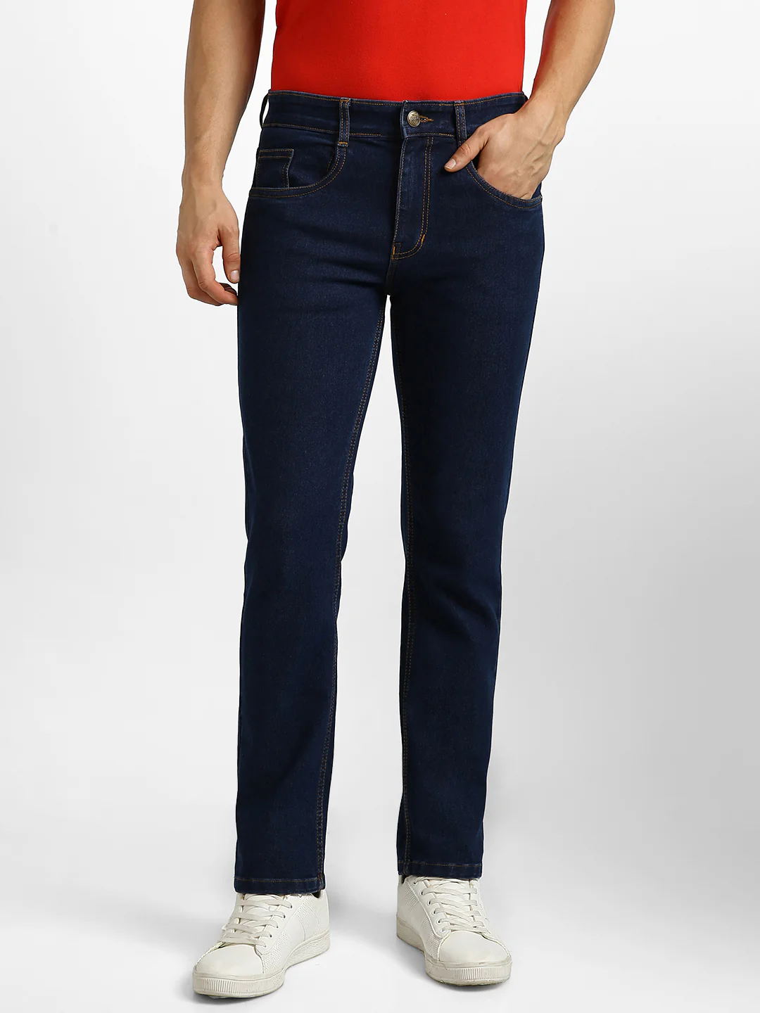 Men's Dark Blue Regular Fit Washed Jeans Stretchable - Image 2