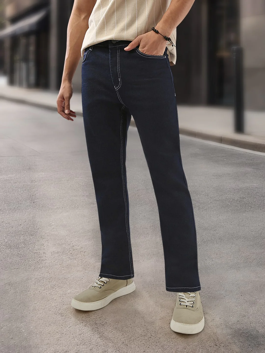 Men's Dark Blue Straight Fit Washed Jeans Stretchable