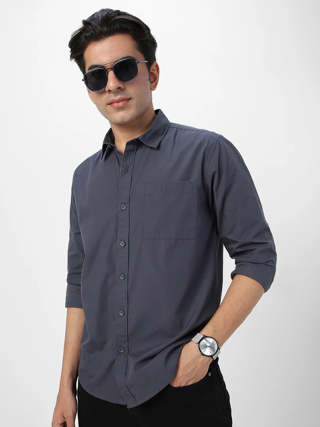 Men's Dark Grey Cotton Full Sleeve Regular Fit Casual Solid Shirt - Image 2