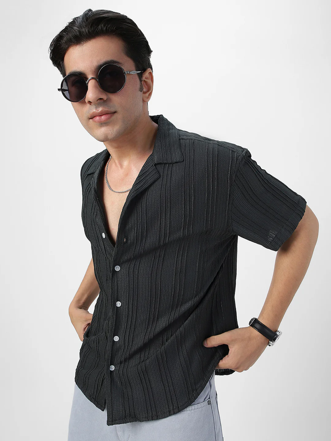 Men's Dark Grey Cotton Half Sleeve Oversized Fit Textured Shirt with Cuban Collar - Image 2