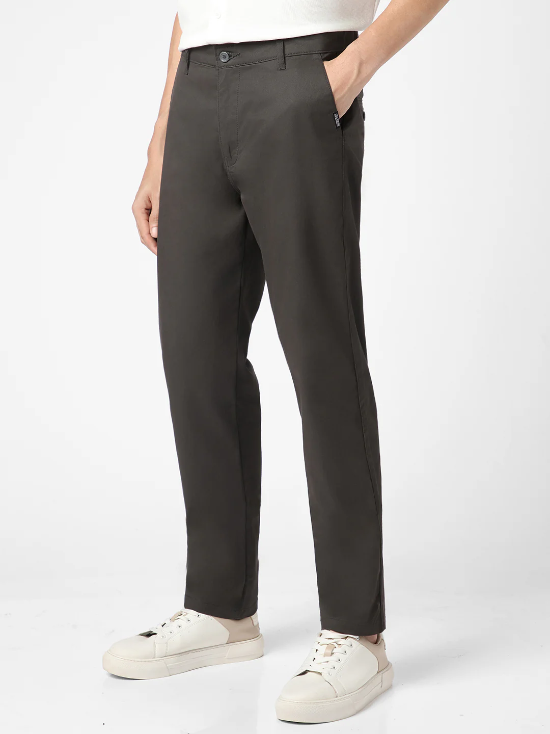 Men's Dark Grey Cotton Regular Fit Casual Chinos Trousers Stretch - Image 2