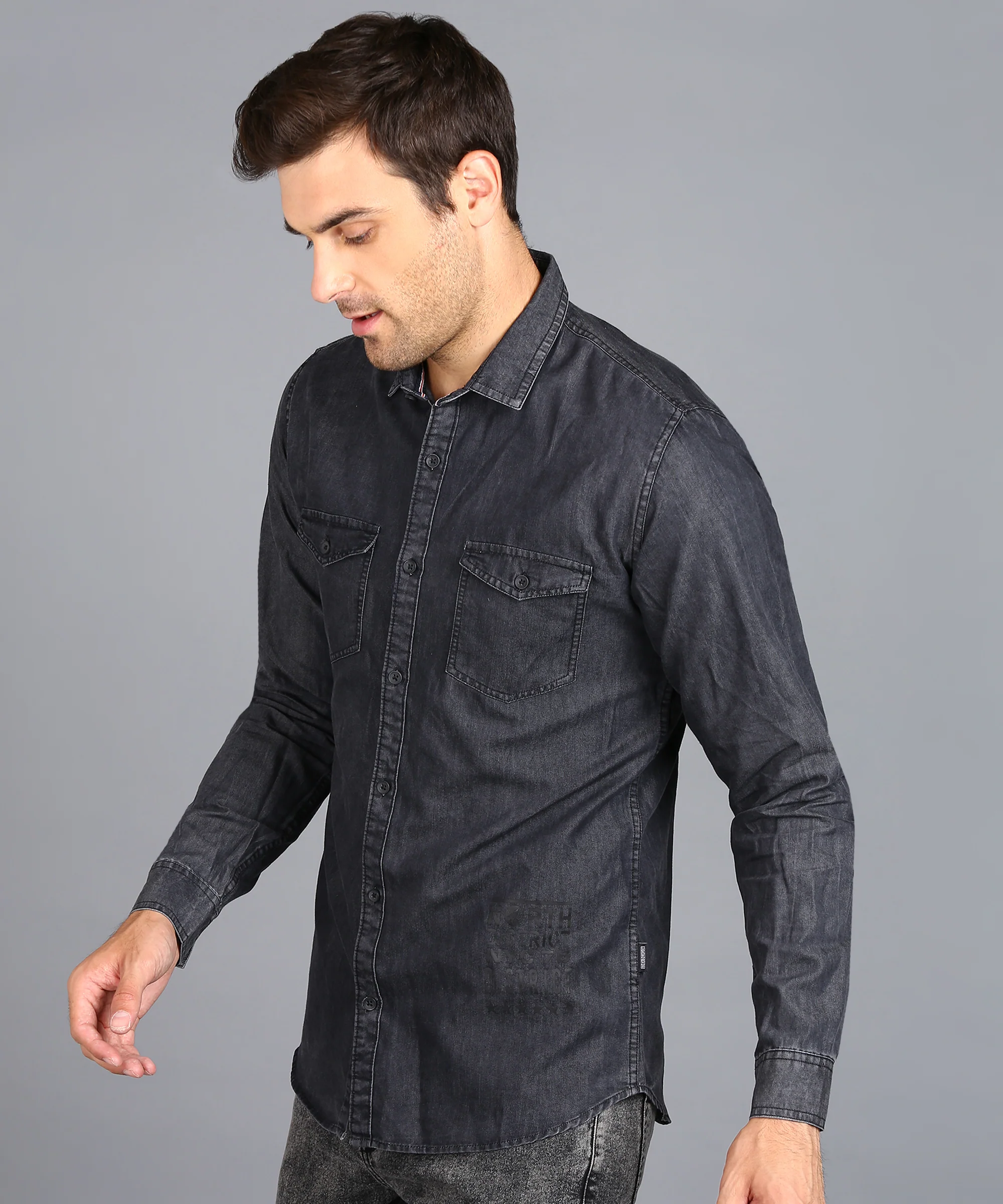 Men's Dark Grey Denim Full Sleeve Slim Fit Washed Casual Shirt - Image 2