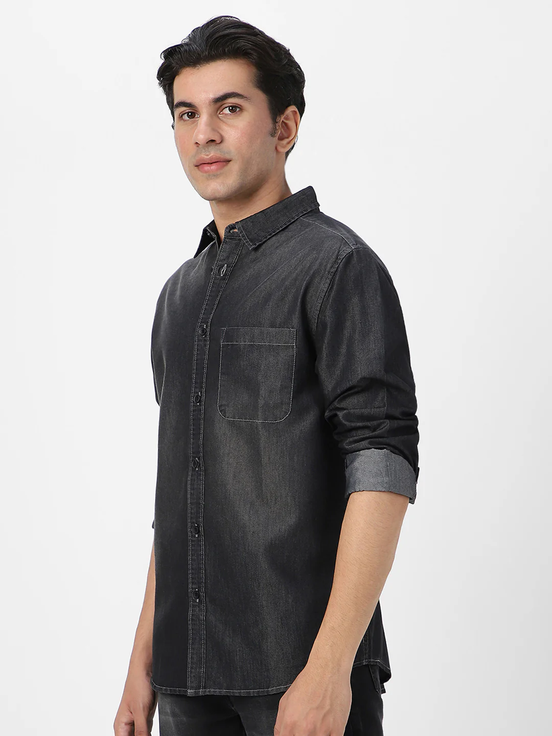 Men's Dark Grey Full Sleeve Regular Fit Casual Denim Shirt - Image 3