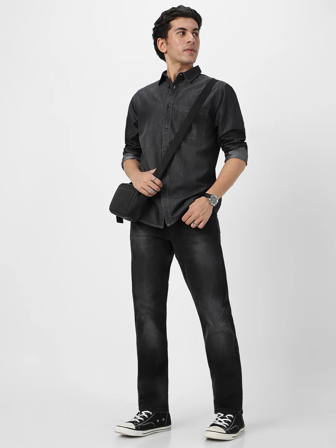 Men's Dark Grey Full Sleeve Regular Fit Casual Denim Shirt - Image 5