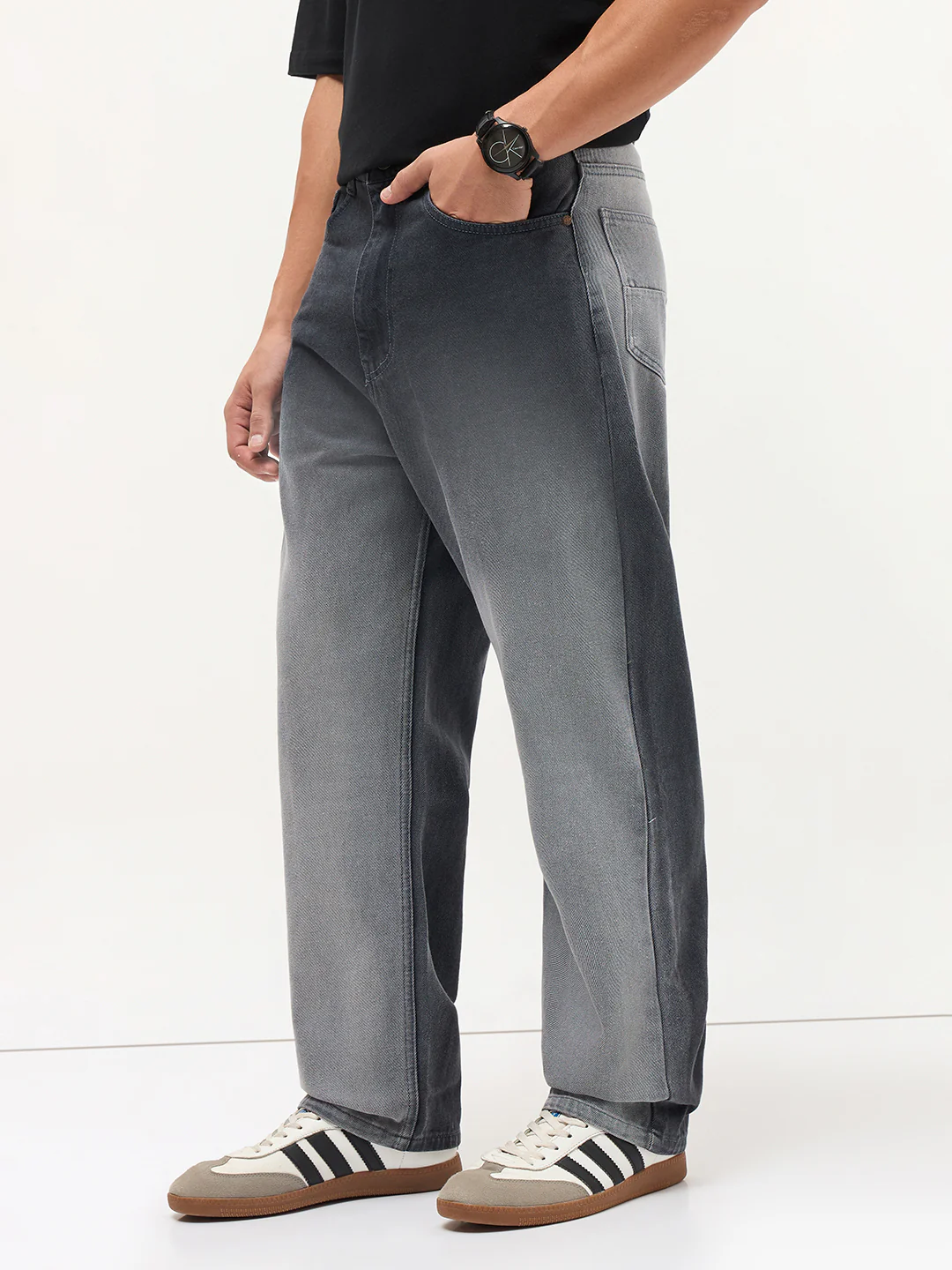 Men's Dark Grey Loose Baggy Fit Heavy Washed Faded Denim Jeans Non-Stretchable - Image 2