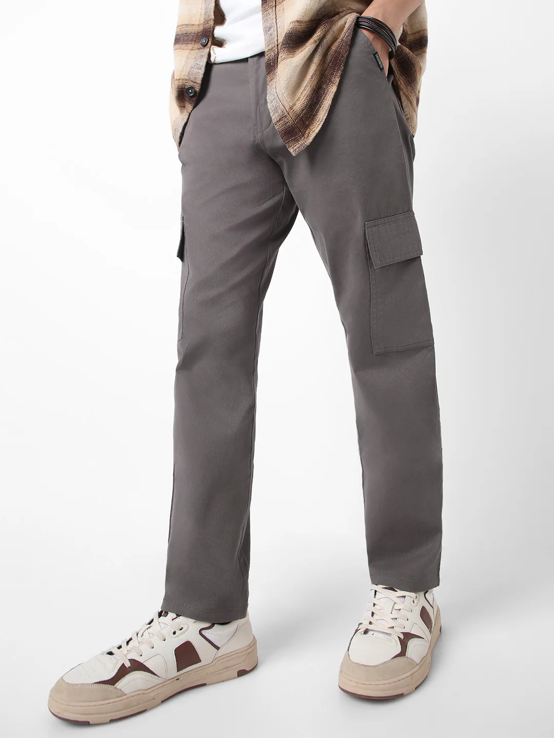 Men's Dark Grey Regular Fit Solid Cargo Chino Pant with 6 Pockets Stretchable