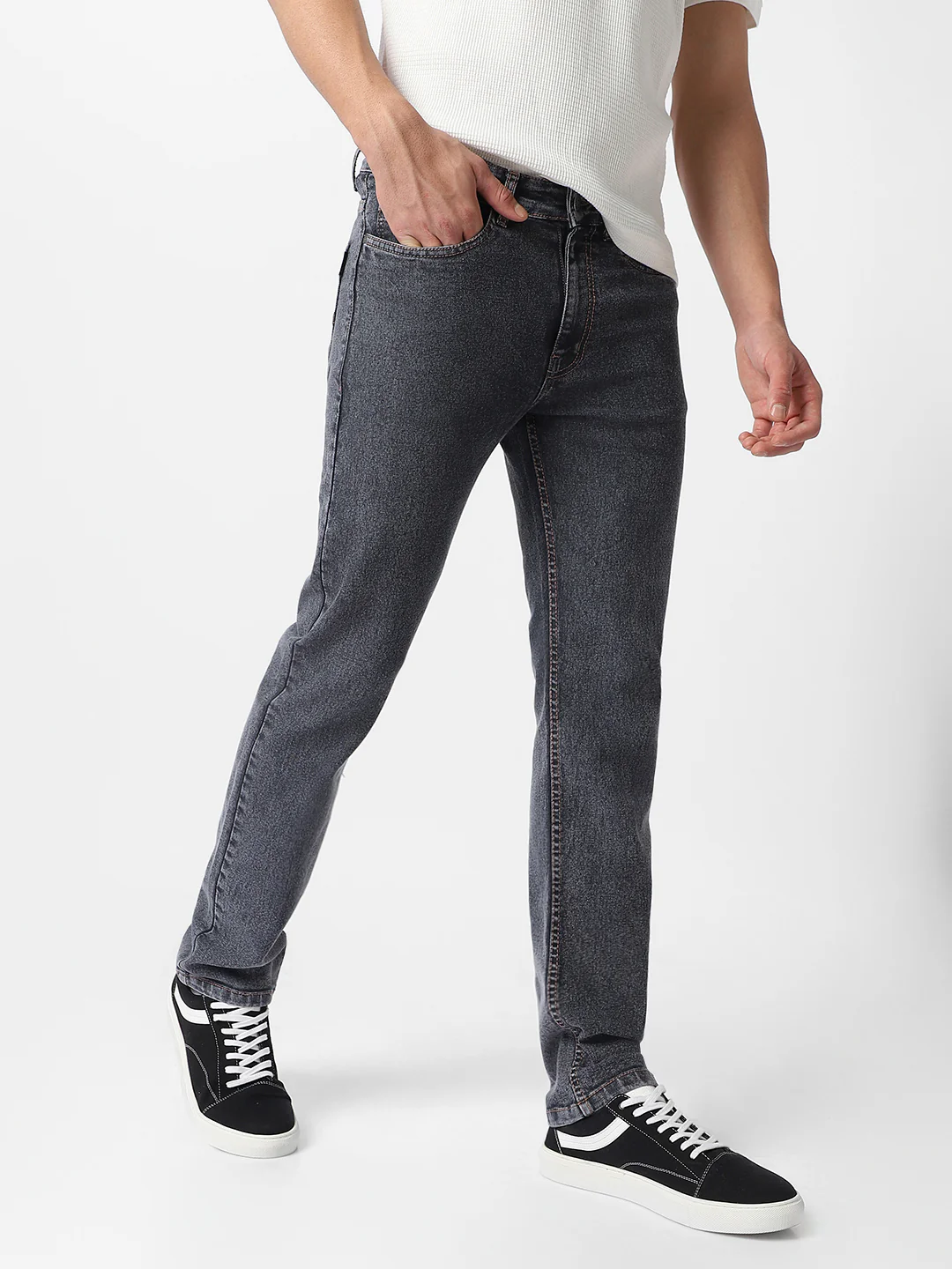 Men's Dark Grey Regular Fit Washed Jeans Stretchable - Image 2