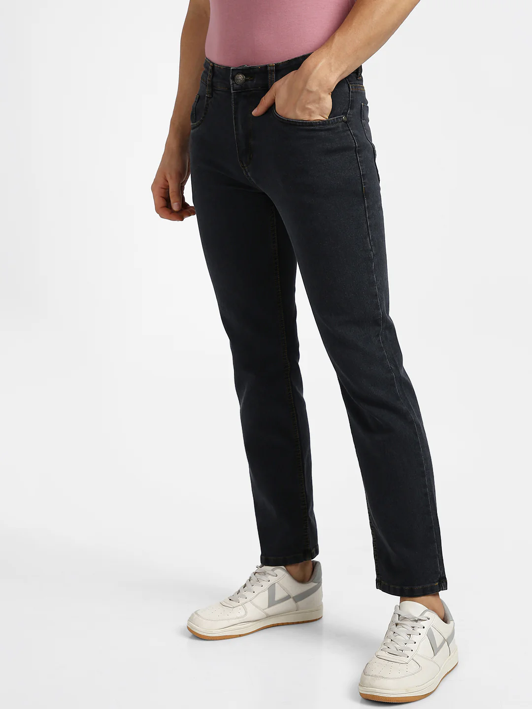 Men's Dark Grey Regular Fit Washed Jeans Stretchable - Image 2