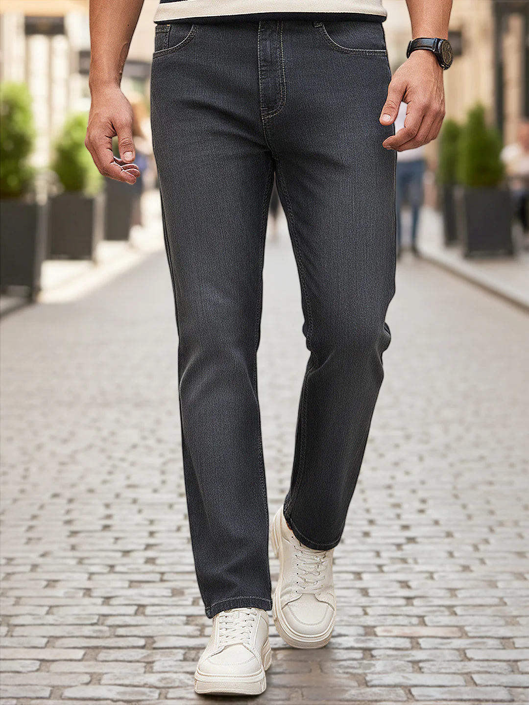 Men's Dark Grey Straight Fit Washed Denim Jeans Stretchable