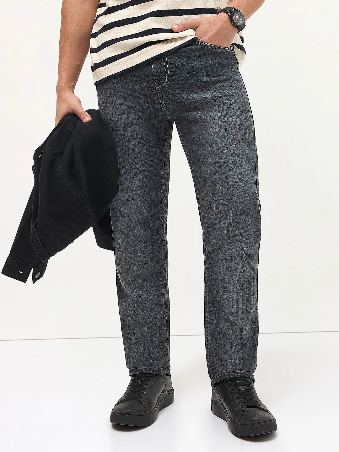 Men's Dark Grey Straight Fit Washed Denim Jeans Stretchable - Image 2