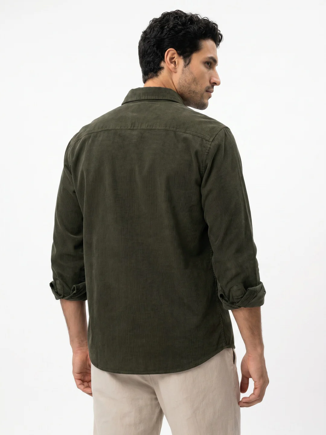 Men's Dark Olive Corduroy Full Sleeve Regular Fit Solid Overshirt with Utility Pockets - Image 3