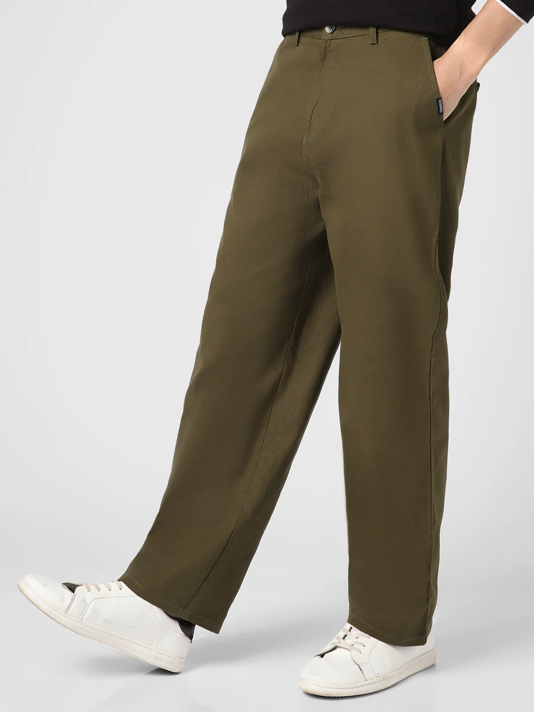 Men's Dark Olive Loose Baggy Fit Solid Chino Trousers Non-Stretchable - Image 2