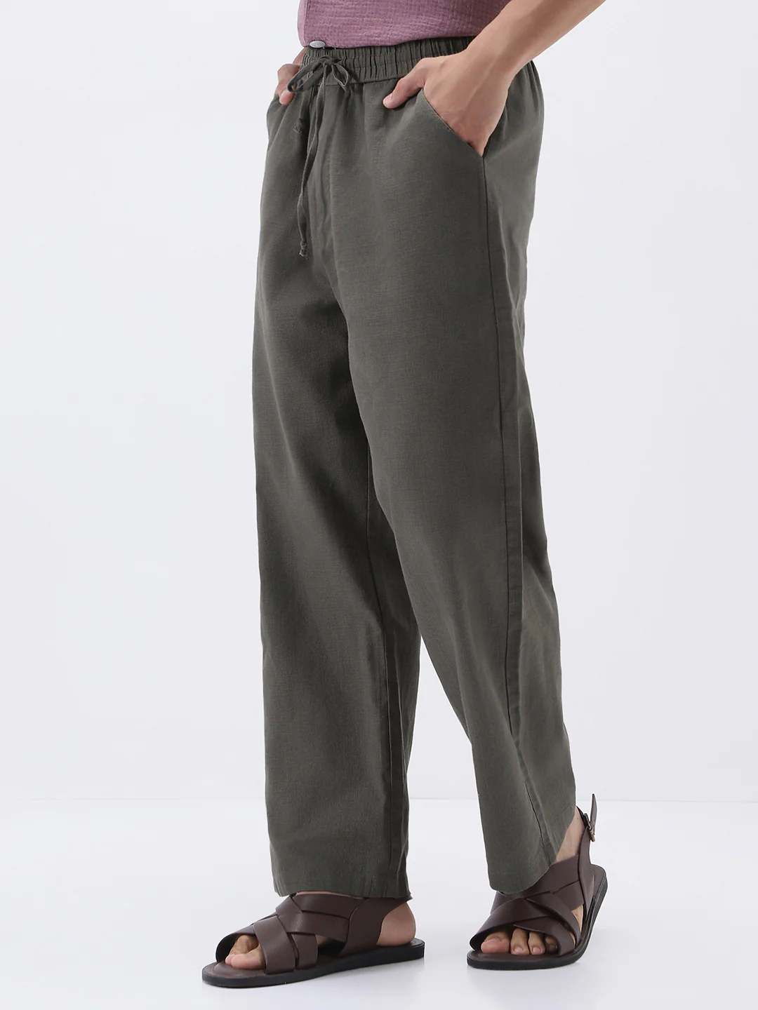 Men's Dusty Grey Loose Fit Solid Linen Blend Trousers Non-Stretchable - Image 2