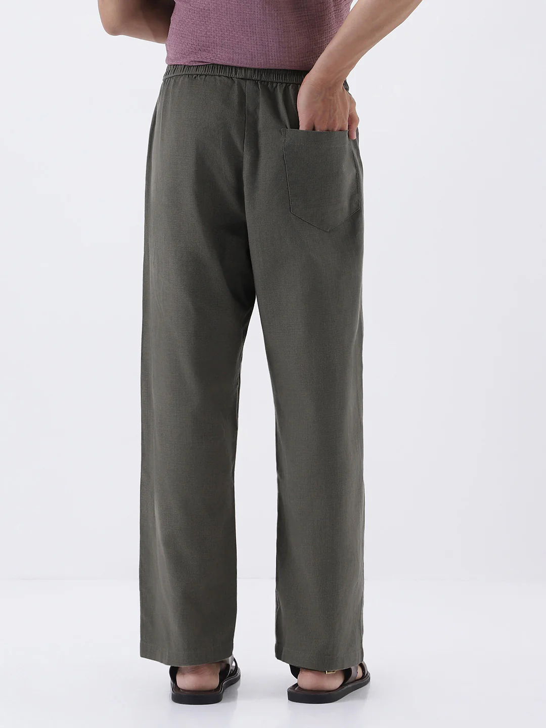 Men's Dusty Grey Loose Fit Solid Linen Blend Trousers Non-Stretchable - Image 3