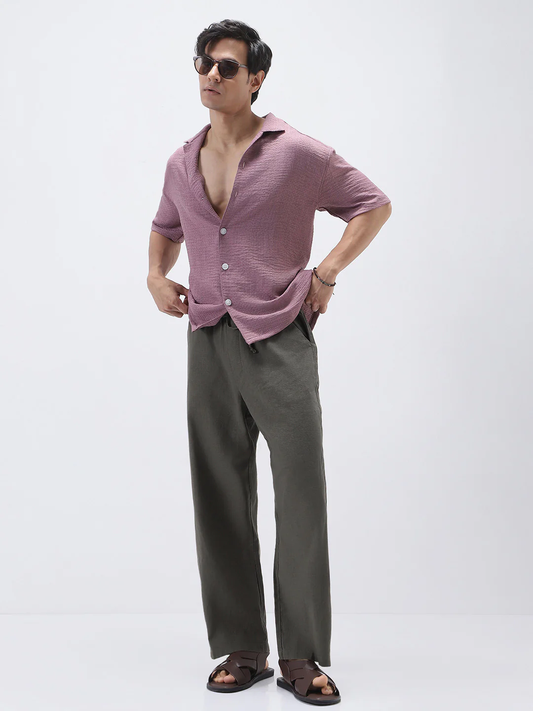 Men's Dusty Grey Loose Fit Solid Linen Blend Trousers Non-Stretchable - Image 4