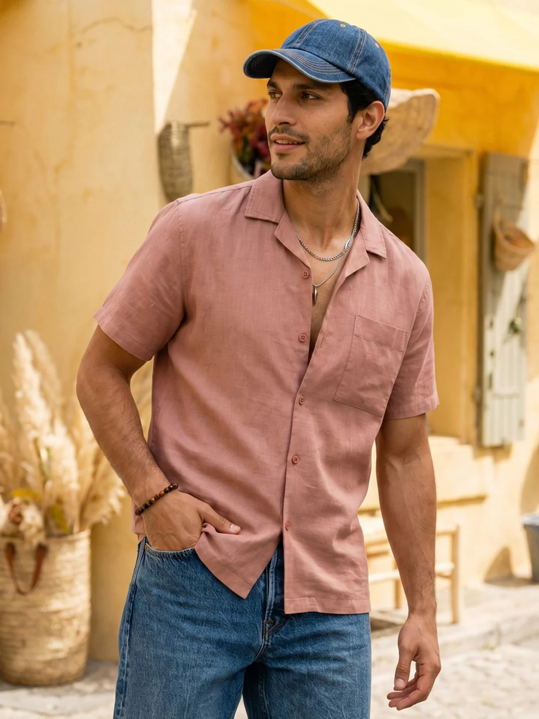 Men's Dusty Pink Linen Half Sleeve Oversized Fit Shirt with Cuban Collar
