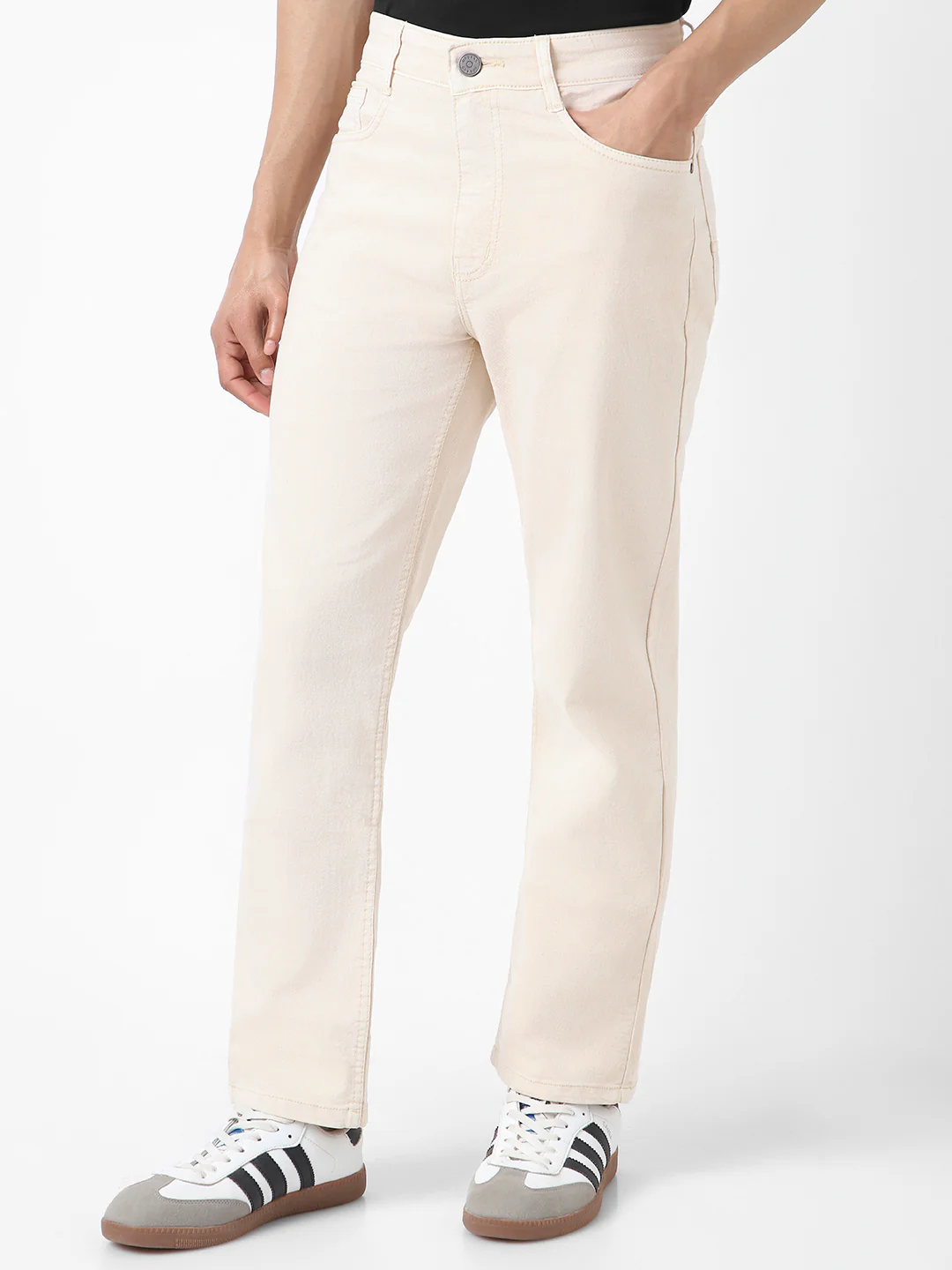 Men's Ecru Straight Fit Washed Jeans Stretchable - Image 2