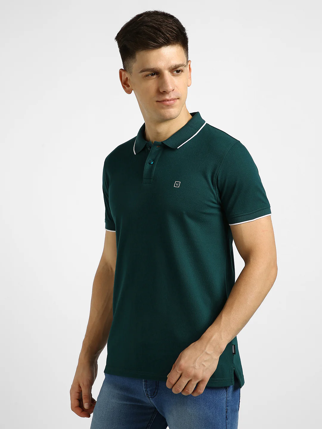 Men's Green Solid Slim Fit Half Sleeve Cotton Polo T-Shirt - Image 2