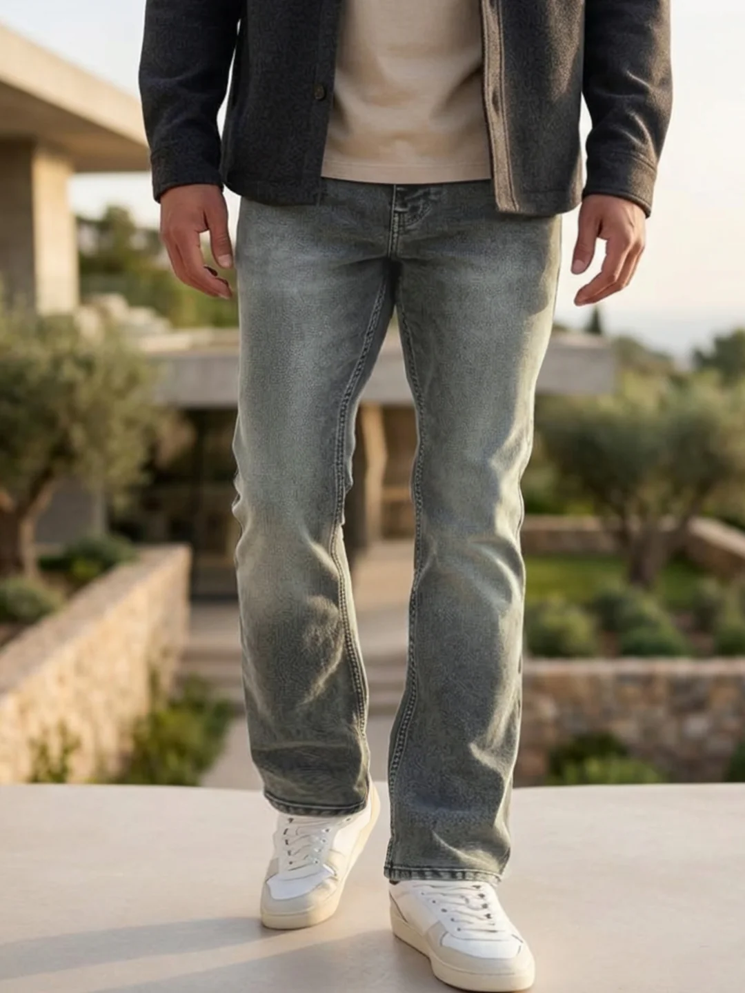 Men's Grey Bootcut Fit Mid Rise Tinted Heavy Washed Jeans Stretchable