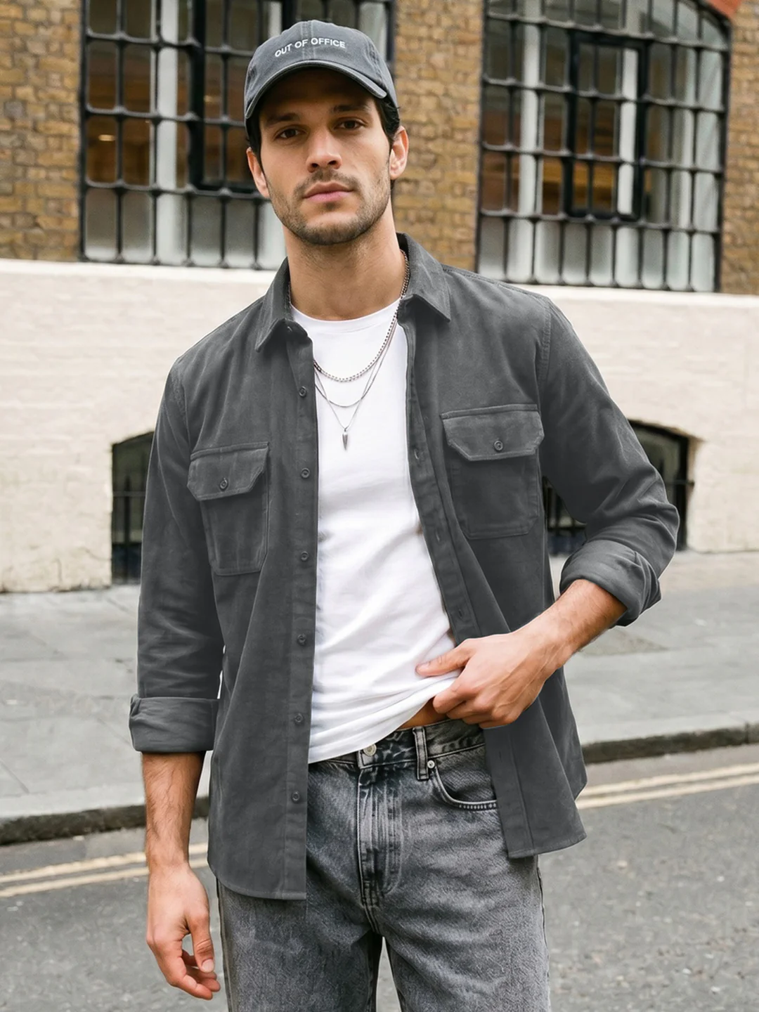Men's Grey Corduroy Full Sleeve Regular Fit Solid Overshirt with Utility Pockets