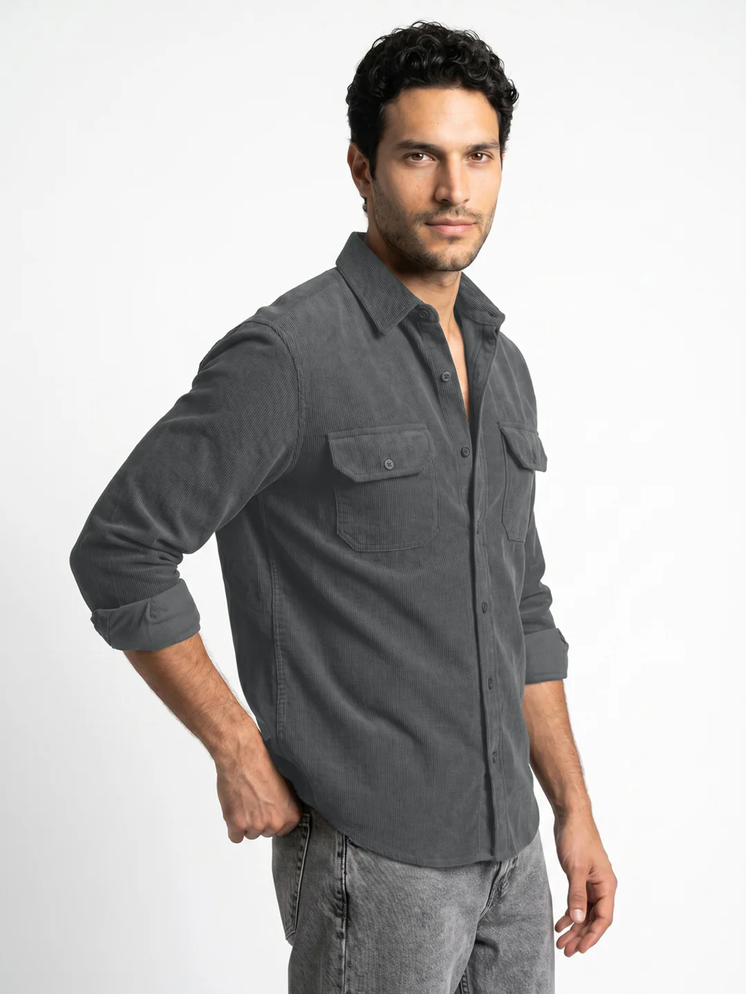 Men's Grey Corduroy Full Sleeve Regular Fit Solid Overshirt with Utility Pockets - Image 2