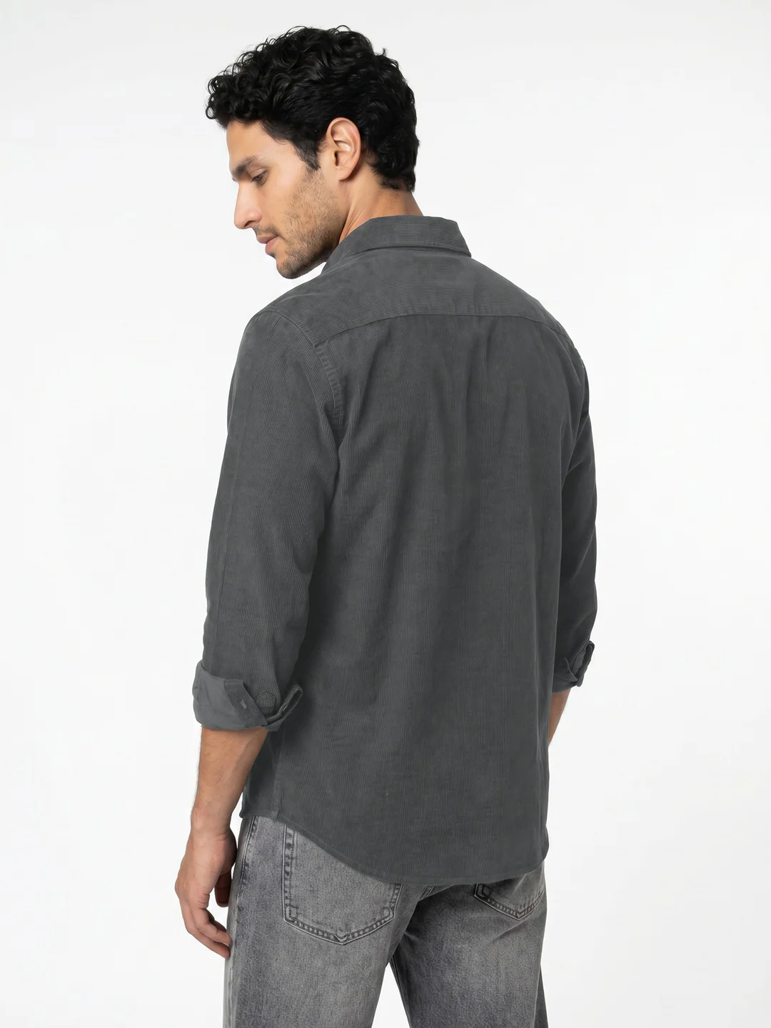 Men's Grey Corduroy Full Sleeve Regular Fit Solid Overshirt with Utility Pockets - Image 3
