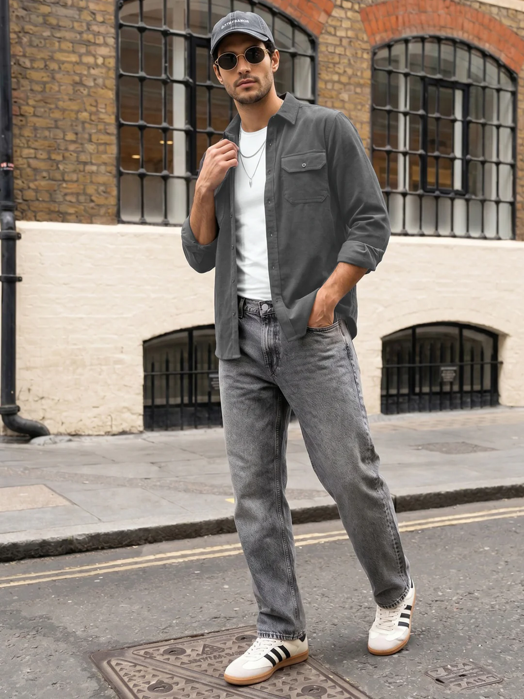 Men's Grey Corduroy Full Sleeve Regular Fit Solid Overshirt with Utility Pockets - Image 4
