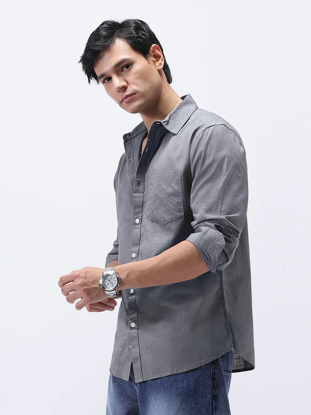 Men's Grey Cotton Full Sleeve Regular Fit Casual Solid Slub Shirt with Spread Collar