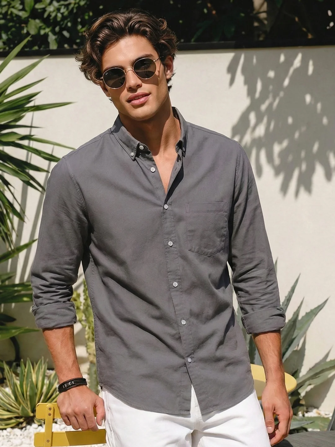 Men's Grey Cotton Full Sleeve Regular Fit Solid Oxford Shirt With Button-Down Collar