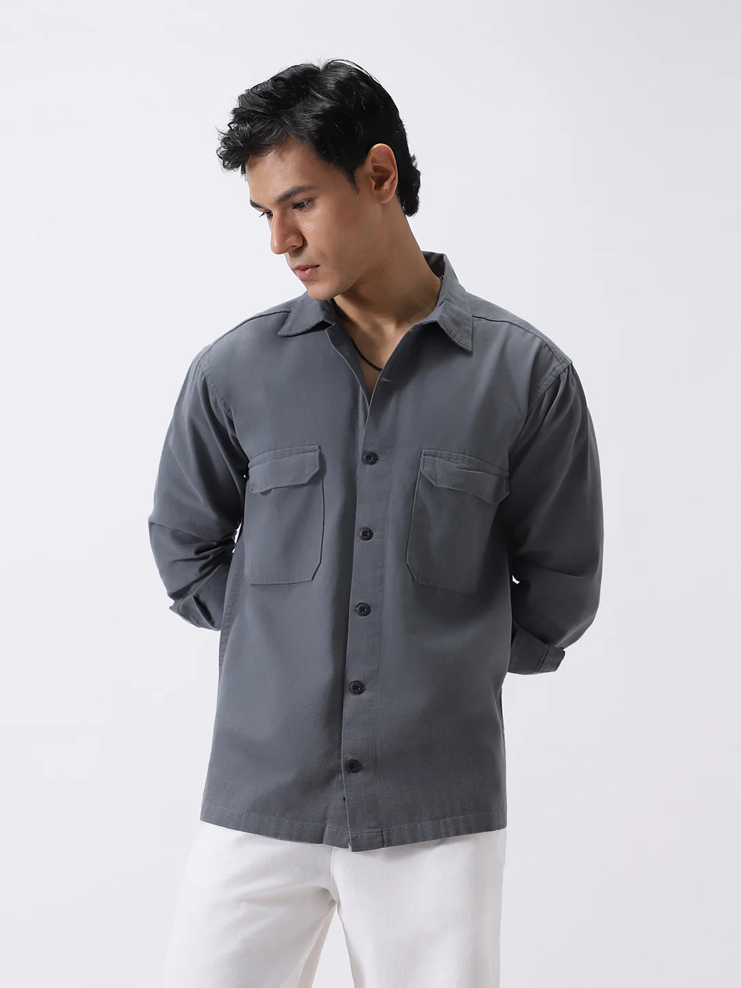 Men's Grey Cotton Full Sleeve Relaxed Fit Shacket with Utility Pockets - Image 2
