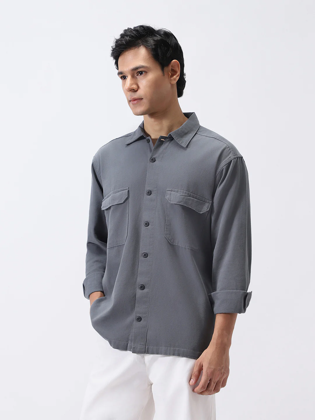 Men's Grey Cotton Full Sleeve Relaxed Fit Shacket with Utility Pockets - Image 3