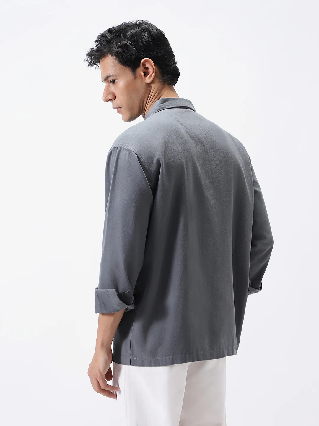 Men's Grey Cotton Full Sleeve Relaxed Fit Shacket with Utility Pockets - Image 4