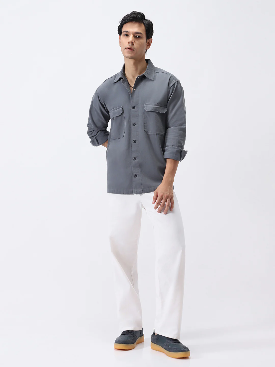 Men's Grey Cotton Full Sleeve Relaxed Fit Shacket with Utility Pockets - Image 5